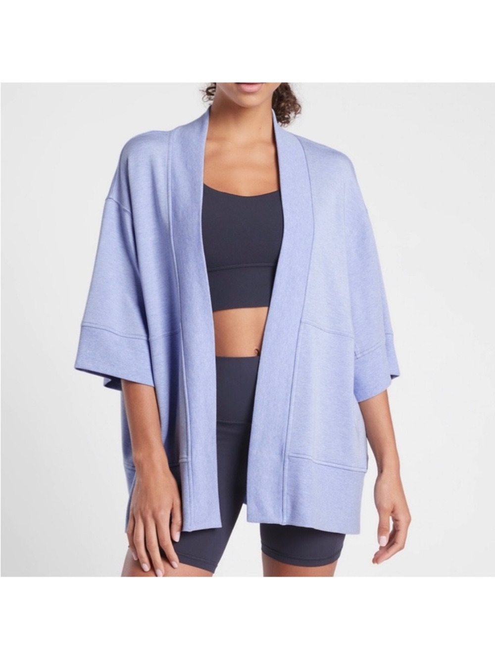 Athleta Lotus Wrap Cardigan Blue Open Front Short Sleeve Women Size Small Medium